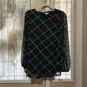 Green multi plaid blouse with puff sleeves
